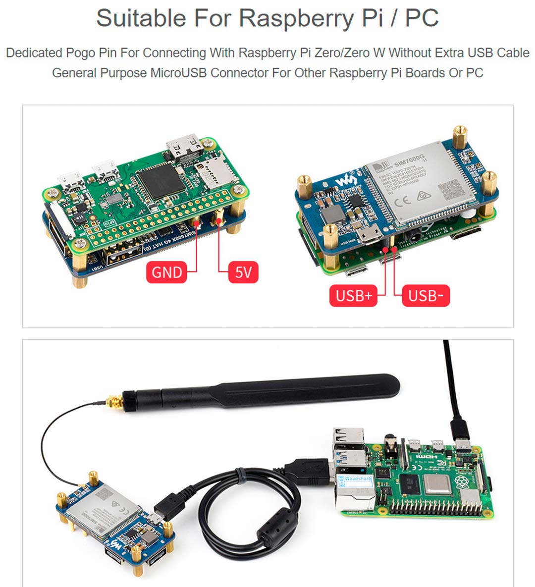 SIM7600G-H 4G HAT-Modul für Raspberry Pi und PC, unterstützt LTE Cat-4 4G/3G/2G-Kommunikation und GNSS-Positionierung, globales Frequenzband, bis zu 50 Mbit/s Uplink, 150 Mbit/s Downlink