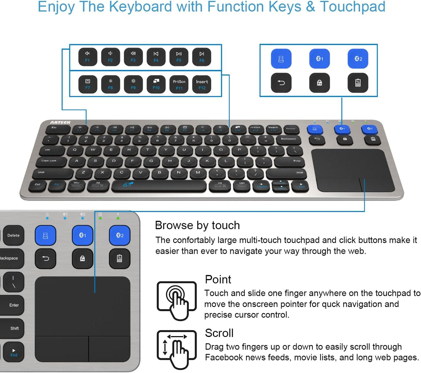 Arteck Universal 2.4G Wireless and Bluetooth Touch TV Keyboard Multi-Device with Easy Media Control and Build-in Touchpad Keyboard for Smart TV, TV Box, TV-Connected Computer, Mac, HTPC