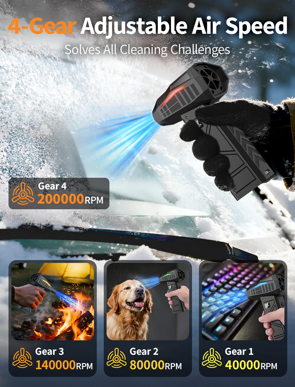 RUNLANE Compressed Air Duster, 200000RPM Electric Air Duster with Light, 4-Gear Adjustable Cordless Dust Blower for Computer, Keyboard, Outdoor, Home and Car (FB09-Black)