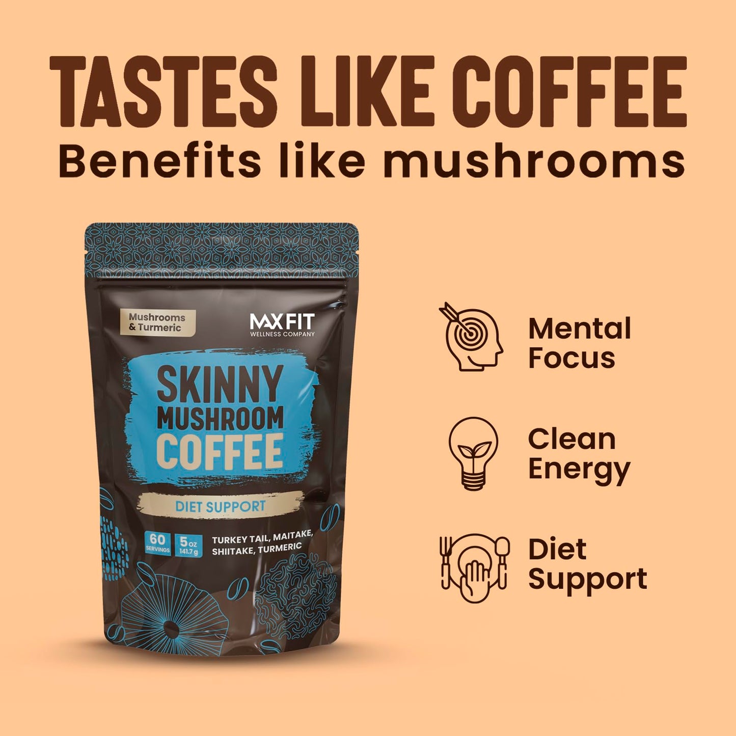 Skinny Instant Mushroom Coffee (60 Servings) Mental Focus Plus Diet Support - Turkey Tail, Maitake, Shiitake & Turmeric, Mixed With Gourmet 100% Arabica Medium Roast Instant Coffee