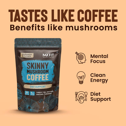 Skinny Instant Mushroom Coffee (60 Servings) Mental Focus Plus Diet Support - Turkey Tail, Maitake, Shiitake & Turmeric, Mixed With Gourmet 100% Arabica Medium Roast Instant Coffee