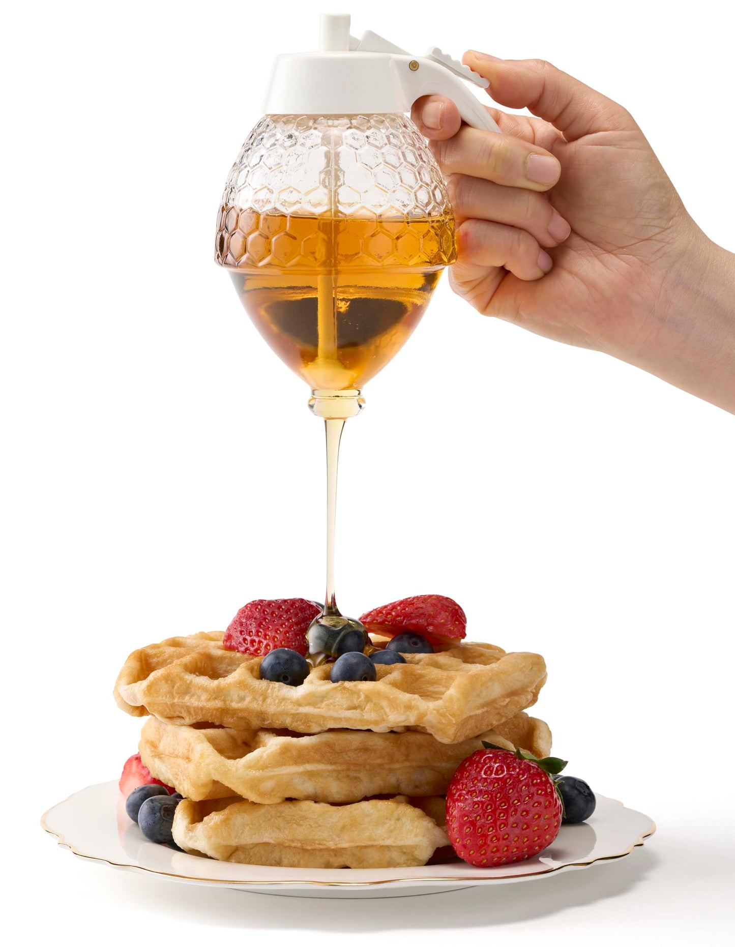 PAULSWAY SAFE, Not Chromed Glass Honey Dispenser, Food-Grade ABS White Lid - No Drip Glass with Stand - 8 oz Honey Jar - Honeycomb Design Container - Honey Pot for Honey, Maple Syrup