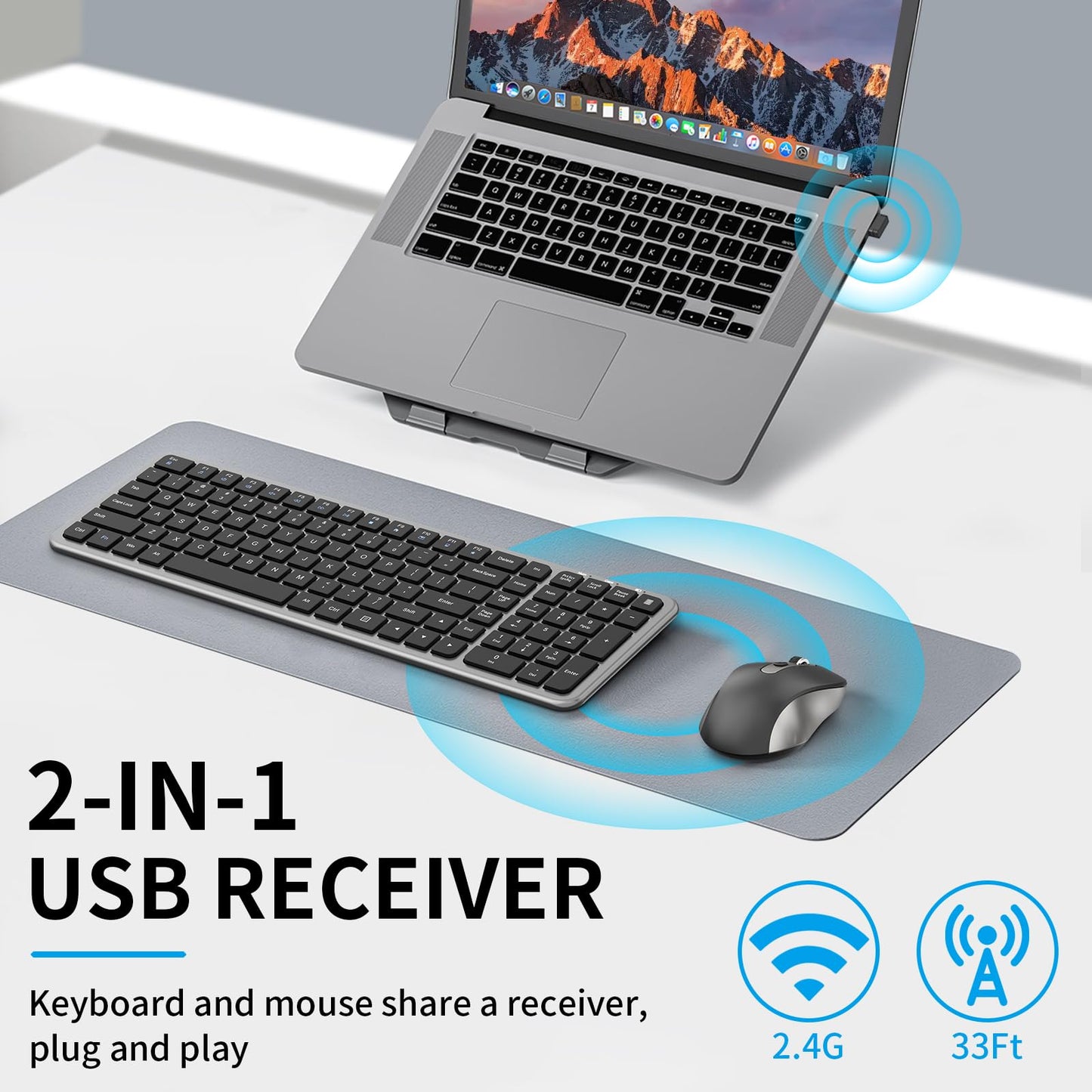 Geräuschlose Tastatur und Maus, kabellose, kompakte Computertastatur in voller Größe mit Taschenrechnertaste, 2400-DPI-Maus, leises Klicken, ultradünnes kabelloses USB-Set für Windows- und Mac-Laptops – Eisengrau