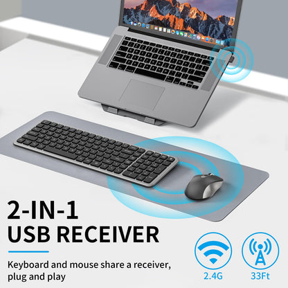 Geräuschlose Tastatur und Maus, kabellose, kompakte Computertastatur in voller Größe mit Taschenrechnertaste, 2400-DPI-Maus, leises Klicken, ultradünnes kabelloses USB-Set für Windows- und Mac-Laptops – Eisengrau