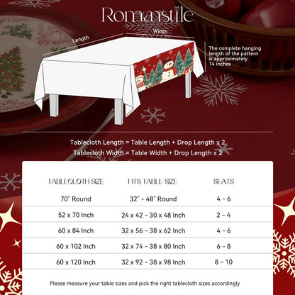 Romanstile Red Christmas Tablecloth, Printed Winter Snowman and Xmas Tree Design Rectangle Table Cloths, Holiday Decorative Stain-Resistant Table Covers for Dining Room Party Decor - 60 x 84 Inch
