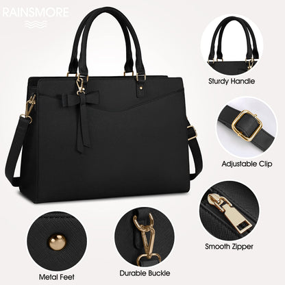 RAINSMORE Laptoptasche für Damen, 15,6 Zoll, PU-Tragetasche, Business-Bürotasche, wasserdichte Aktentasche, Computertasche, leichte Handtasche, Schultertasche, Schwarz