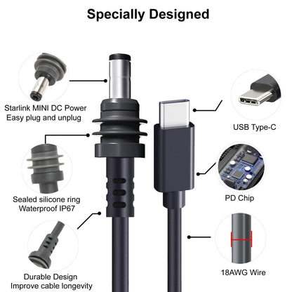 Nedul Starlink Mini USB C to DC Power Cable, 6.5ft Starlink Mini Type-C to Power Cable, PD 20V Type-C Input to DC Male Output Waterproof, Compatible with 65W+ PD 20V Protocol Power Supply/Source (2M)