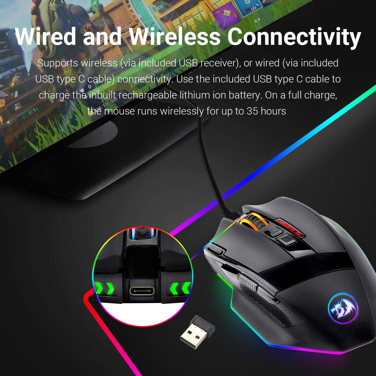 Redragon M801 Wireless Gaming Mouse, RGB Gaming Mouse with MMO 9 Programmable Macro Editing Buttons, UP 16000 Adjustable DPI, Rapid Fire Button for Game, Windows,PC - Wireless, Black