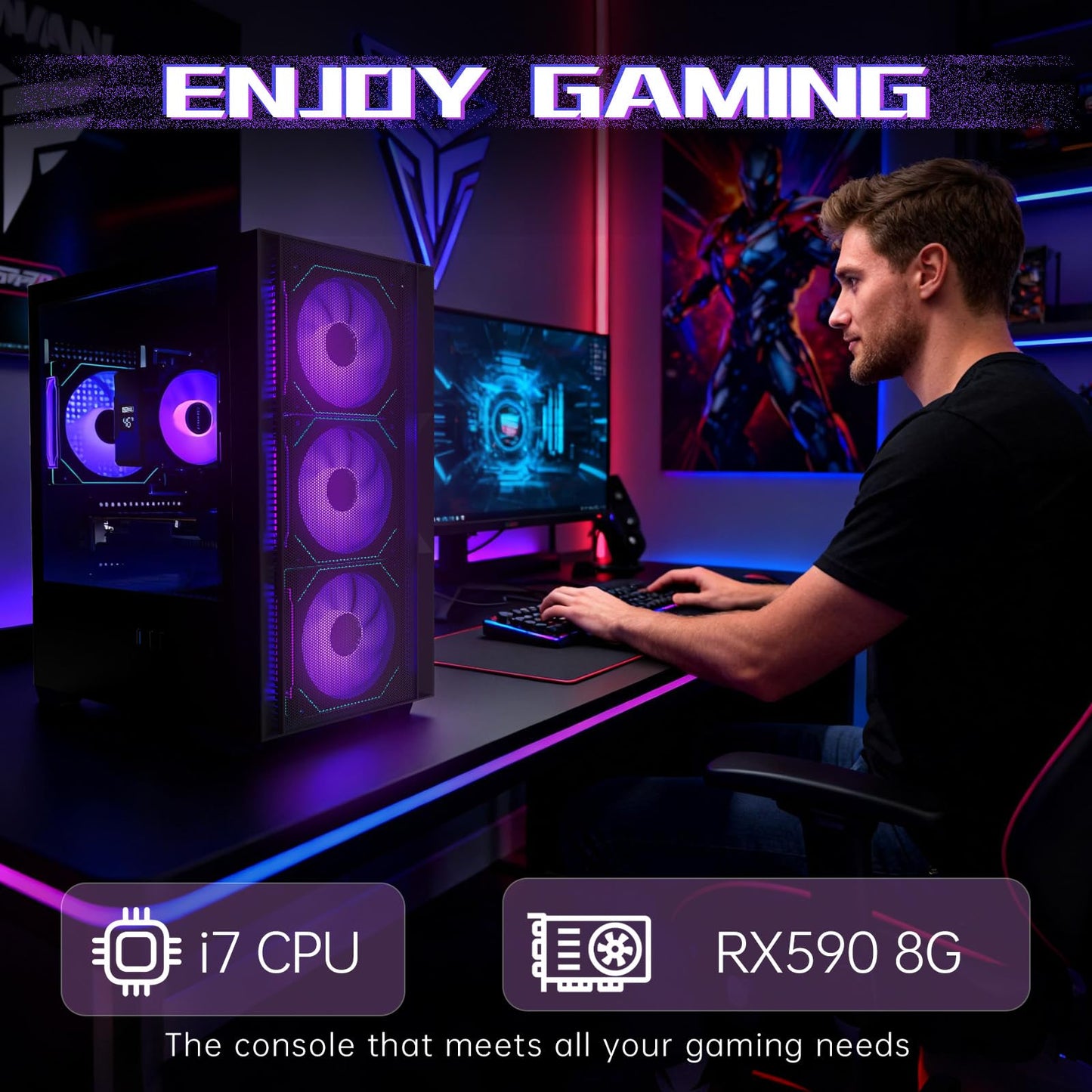 OKAMUS Gaming-PC, i7-CPU, RX 590 8GB-Grafikkarte, 1TB NVMe SSD, 32GB DDR4 ECC RAM, RGB-Lüfter, 550W Netzteil (i7+RX 590+1T +32G)