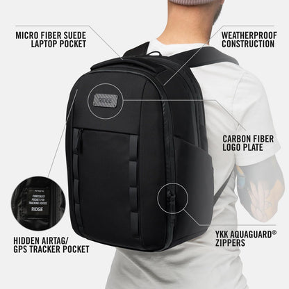 Ridge Commuter Pro Rucksack – Wetterfeste Laptoptasche aus 840D Ballistic Nylon, passend für 16-Zoll-Laptops, Reiserucksack mit Technik-Organizer (Königsschwarz)