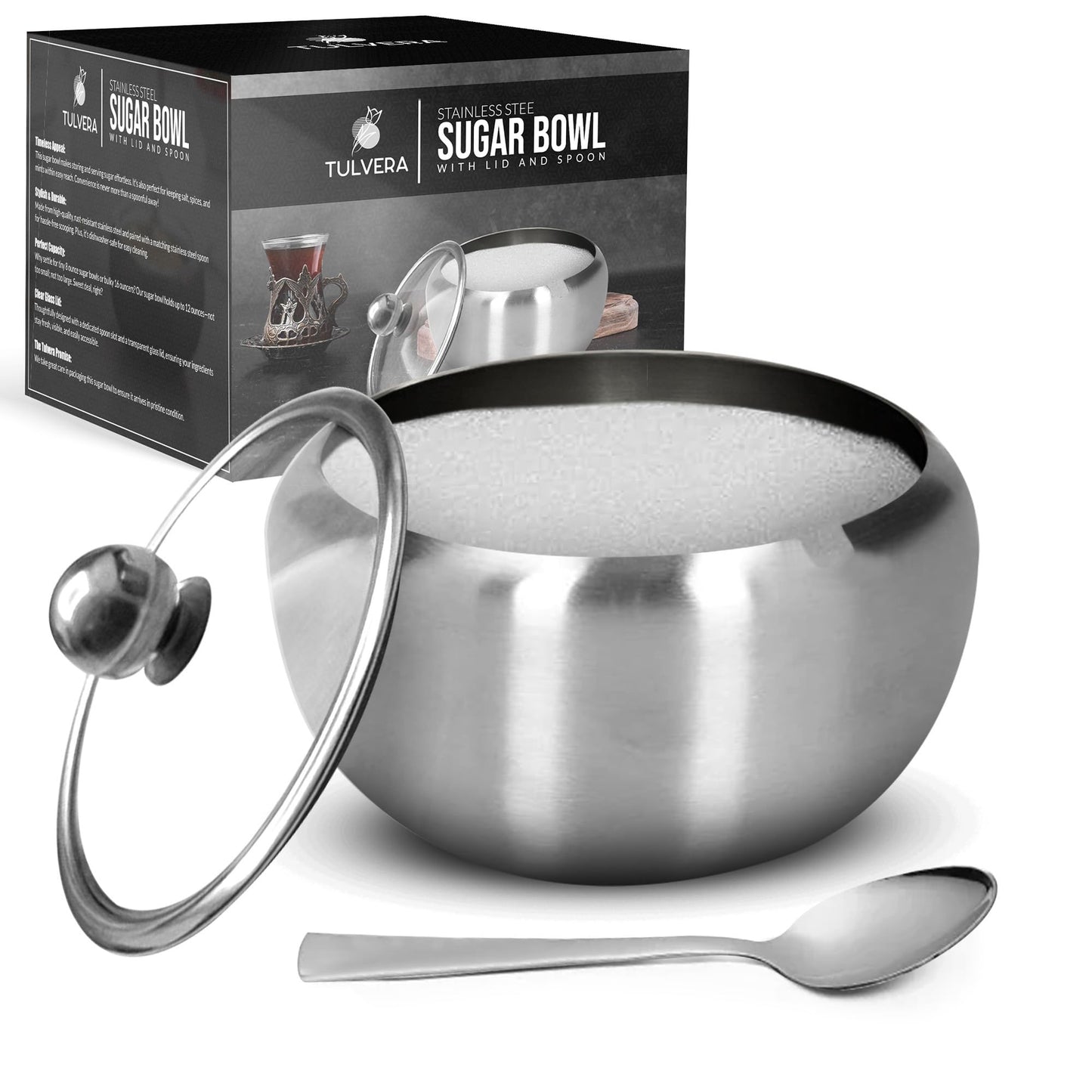 Sugar Bowl with Lid and Spoon | 12oz Sugar Container for Coffee Bar | Stainless Steel Holder Jar for Salt, Tea, Candy, Sugar Cube, Brown Sugar, Ghee | Kitchen Countertop Storage Accessories | 350ml