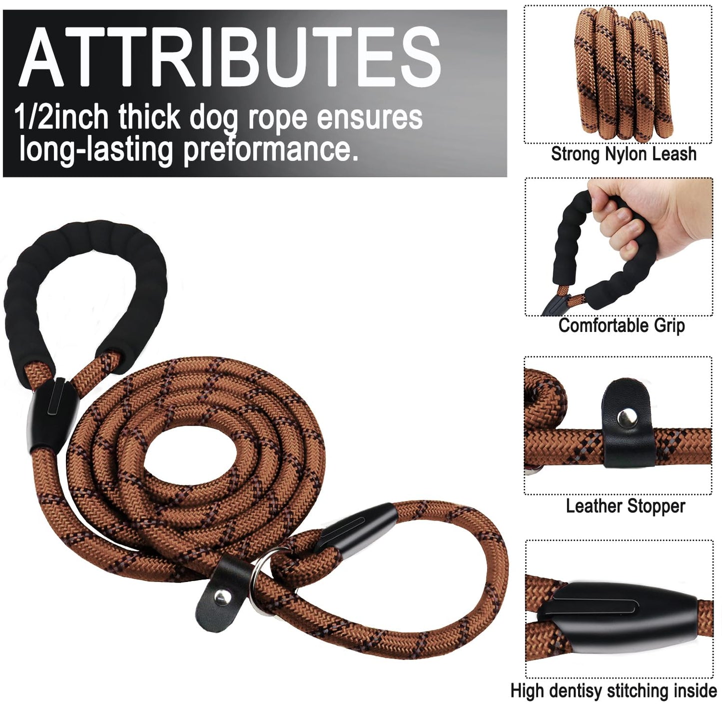 Hundeleine, 1,8 m lange, robuste Hundeleine, strapazierfähige Premium-Qualität, starke Seil-Schlupfleine mit komfortablem, gepolstertem Griff und hochreflektierenden Fäden für kleine, mittlere und große Hunde, (Schwarz) 