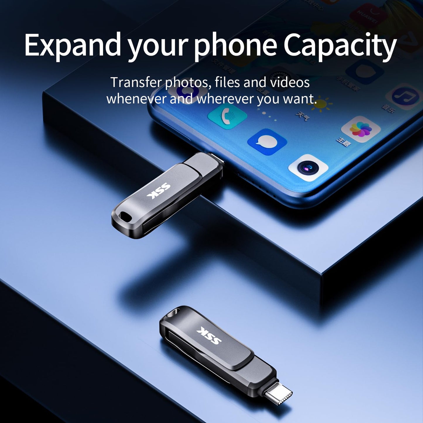 SSK USB 3.2 Flash Drive 64GB,Up to 200 MB/S Read Speed USB C Memory Stick,Dual USB C Thumb Drive with USB Type-C and USB A,Robust Black Metal Pen Drive for Smartphones,Tablets,Mac,Laptop,Car,TV