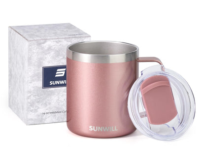 SUNWILL Travel Coffee Mug with Lid, Insulated Tumbler with Handle, 14 oz Stainless Steel Cup for Ice, Water, Tea, Rose Gold