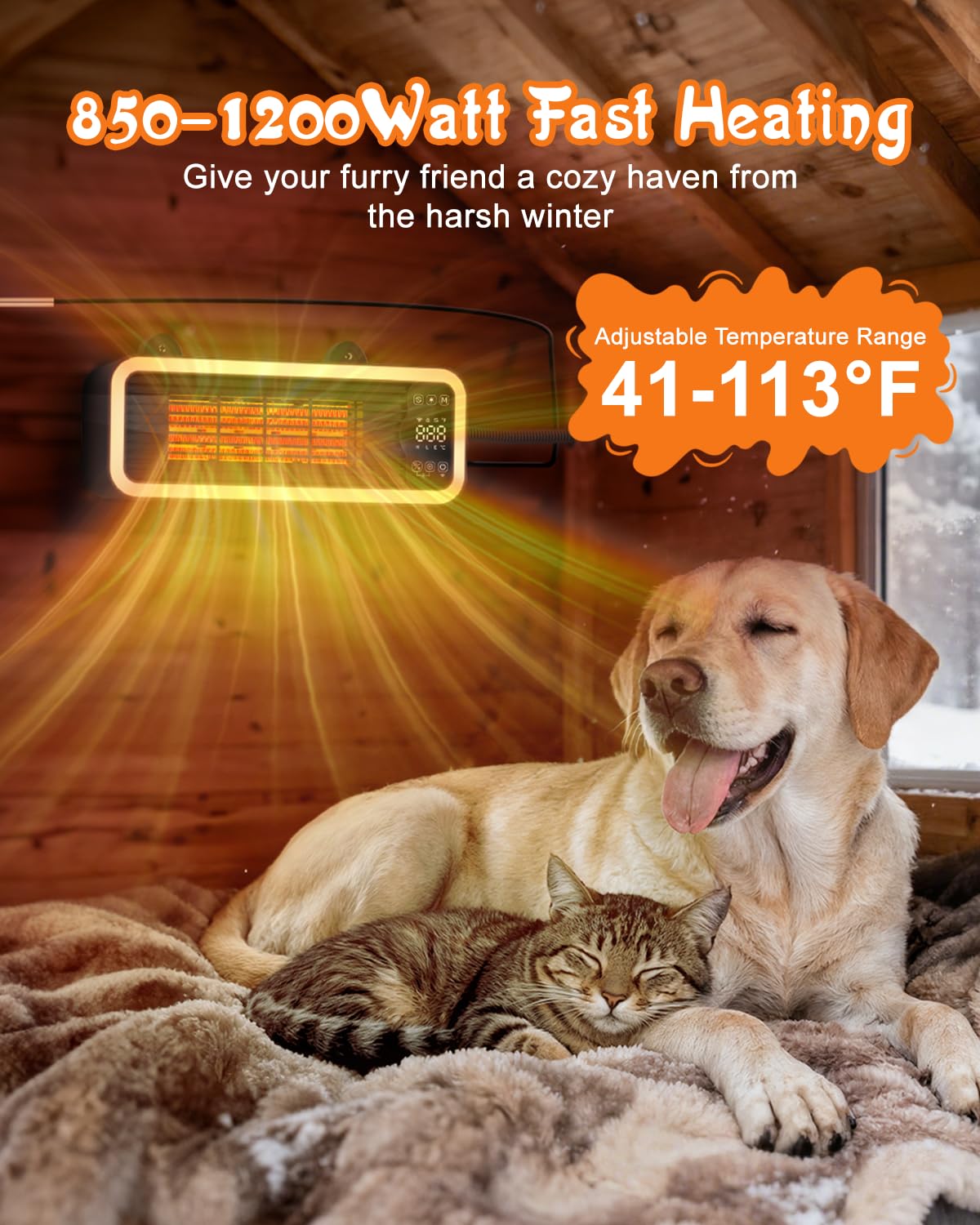 Smart WiFi Dog House Heater with Thermostat, 1200W Chew-Proof Outdoor Safe Pet Heater for Kennels, Eco-Mode & Soft Light