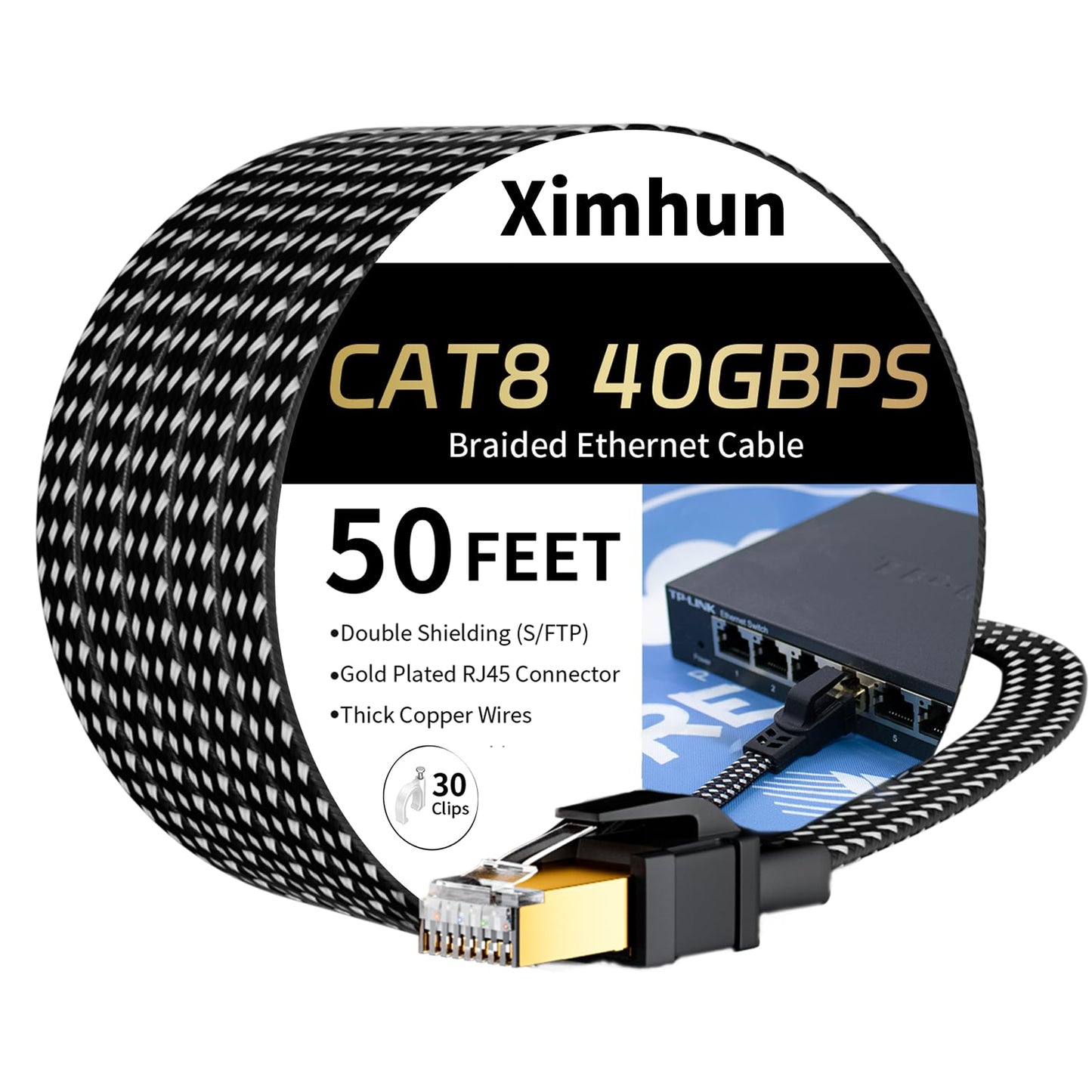 Ximhun Cat 8 Ethernet Cable 50 FT, High-Speed Braided Internet Cable Network Cord with RJ45 Connector 40Gbps 2000Mhz Heavy Duty LAN Cable Shielded Indoor