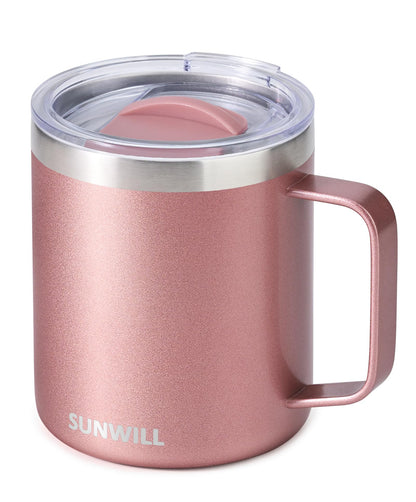 SUNWILL Travel Coffee Mug with Lid, Insulated Tumbler with Handle, 14 oz Stainless Steel Cup for Ice, Water, Tea, Rose Gold