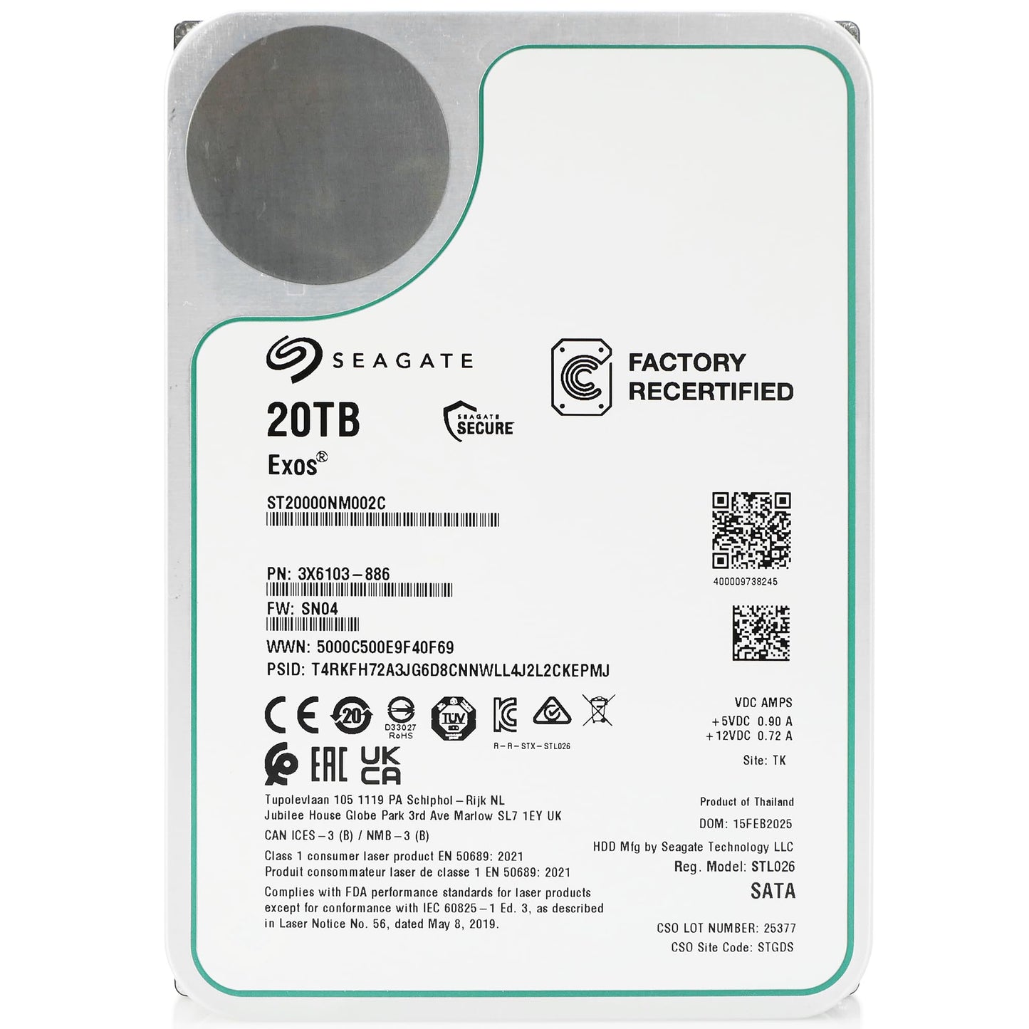 Seagate Exos 20 TB 7.200 U/min SATA 6 Gbit/s 3,5 Zoll Enterprise HDD ST20000NM002C (Generalüberholt)