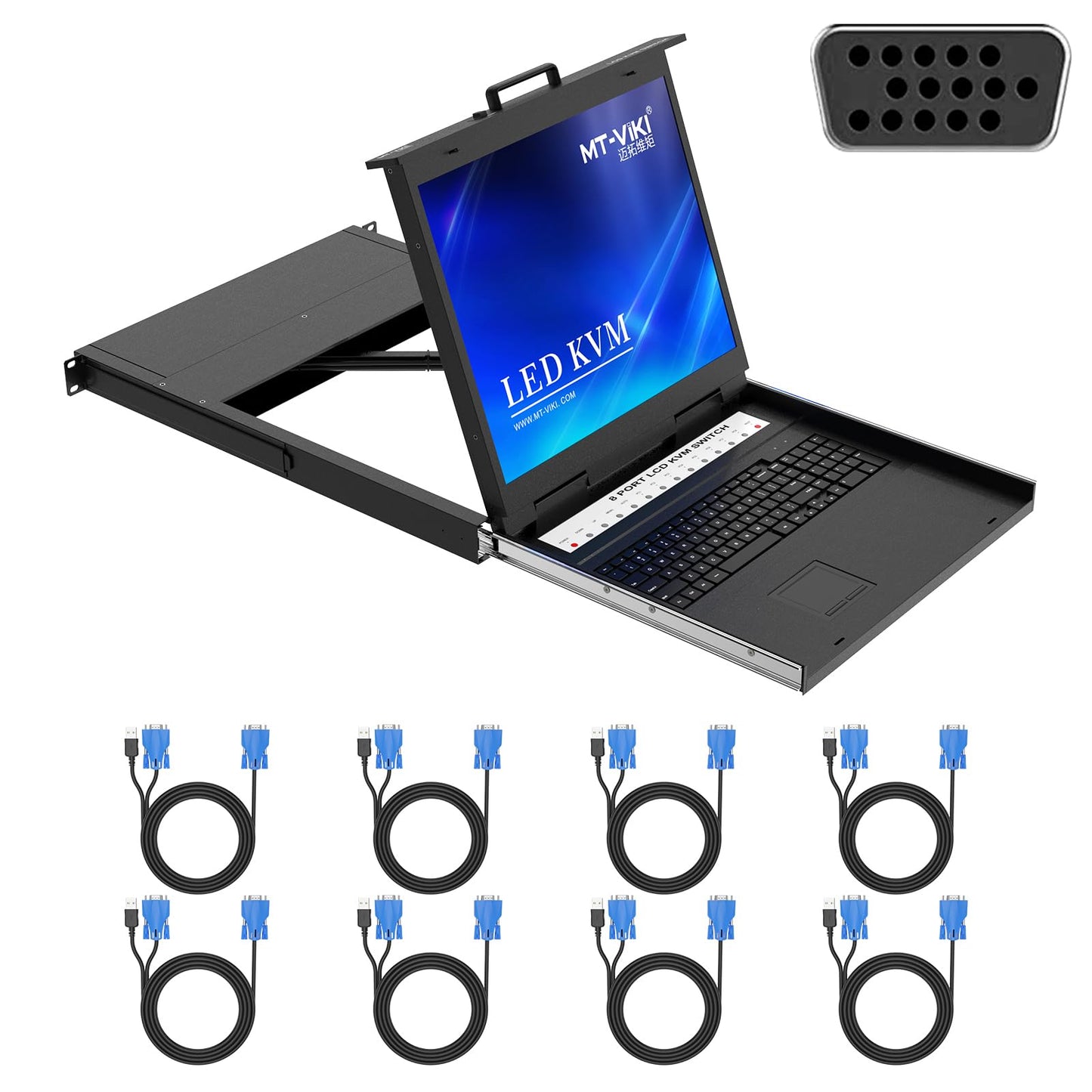MT-VIKI KVM Rack Console w/19'' LCD Monitor, 8 Port VGA KVM Switch with Keyboard Touchpad Monitor, Fit for 1U 19'' Rack, OSD/Hotkey/Button 【with 8 KVM Cable】