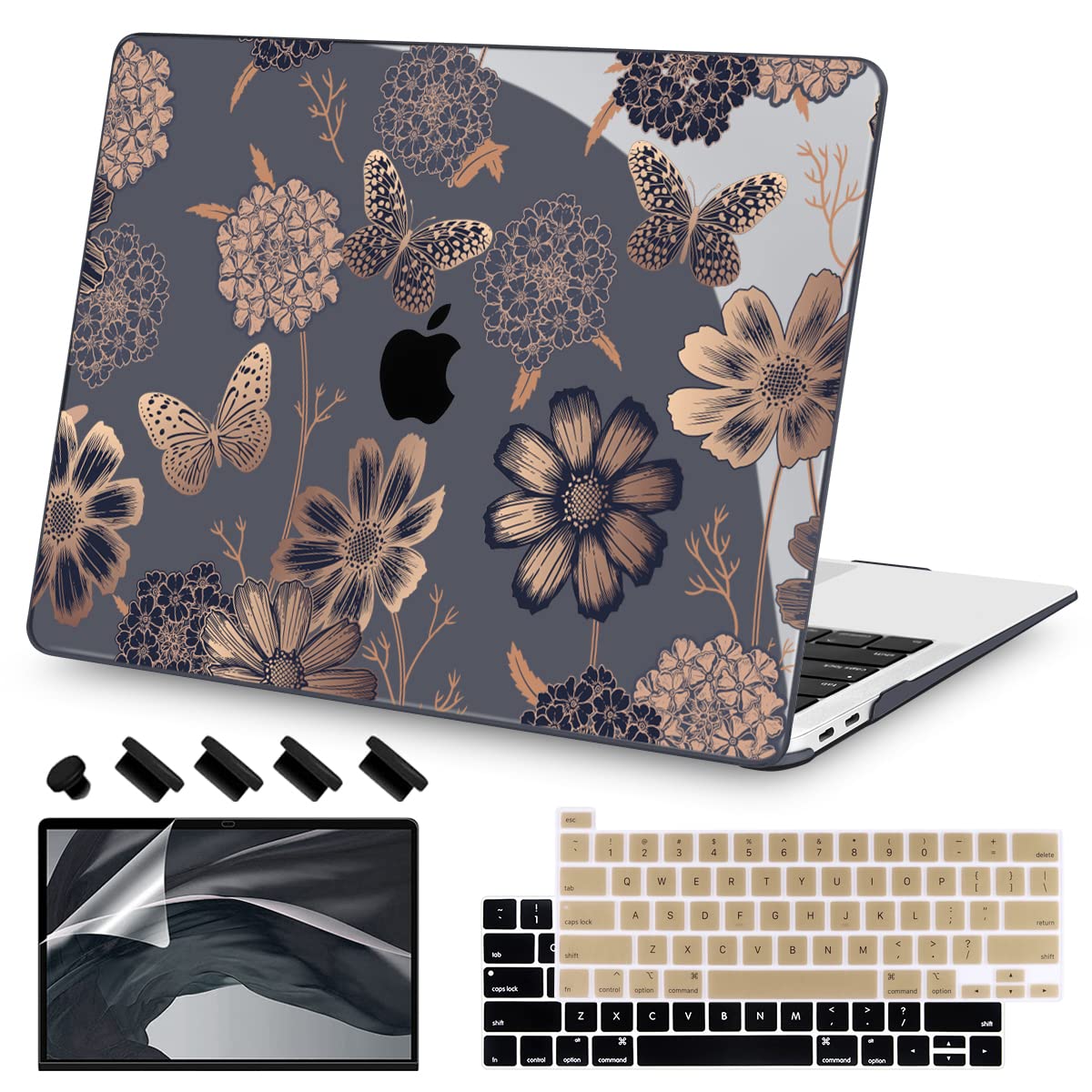 Teryeefi for M1 M2 MacBook Pro 13 inch Case 2022 2020-2016 Release (Model A2338 A2289 A2251 with Touch Bar), Plastic Hard Shell Case & Keyboard Cover & Screen Protector, Gold Flowers