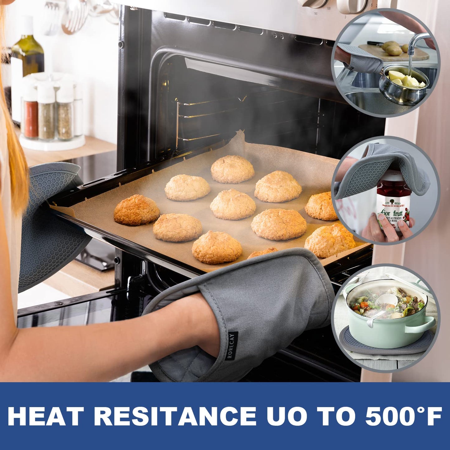 2er-Pack Silikon-Topflappen für die Küche, hitzebeständig bis 260 °C, rutschfeste, große Topflappen mit Tasche, gesteppte Untersetzer für heiße Töpfe und Pfannen auf der Arbeitsplatte (Grau) 