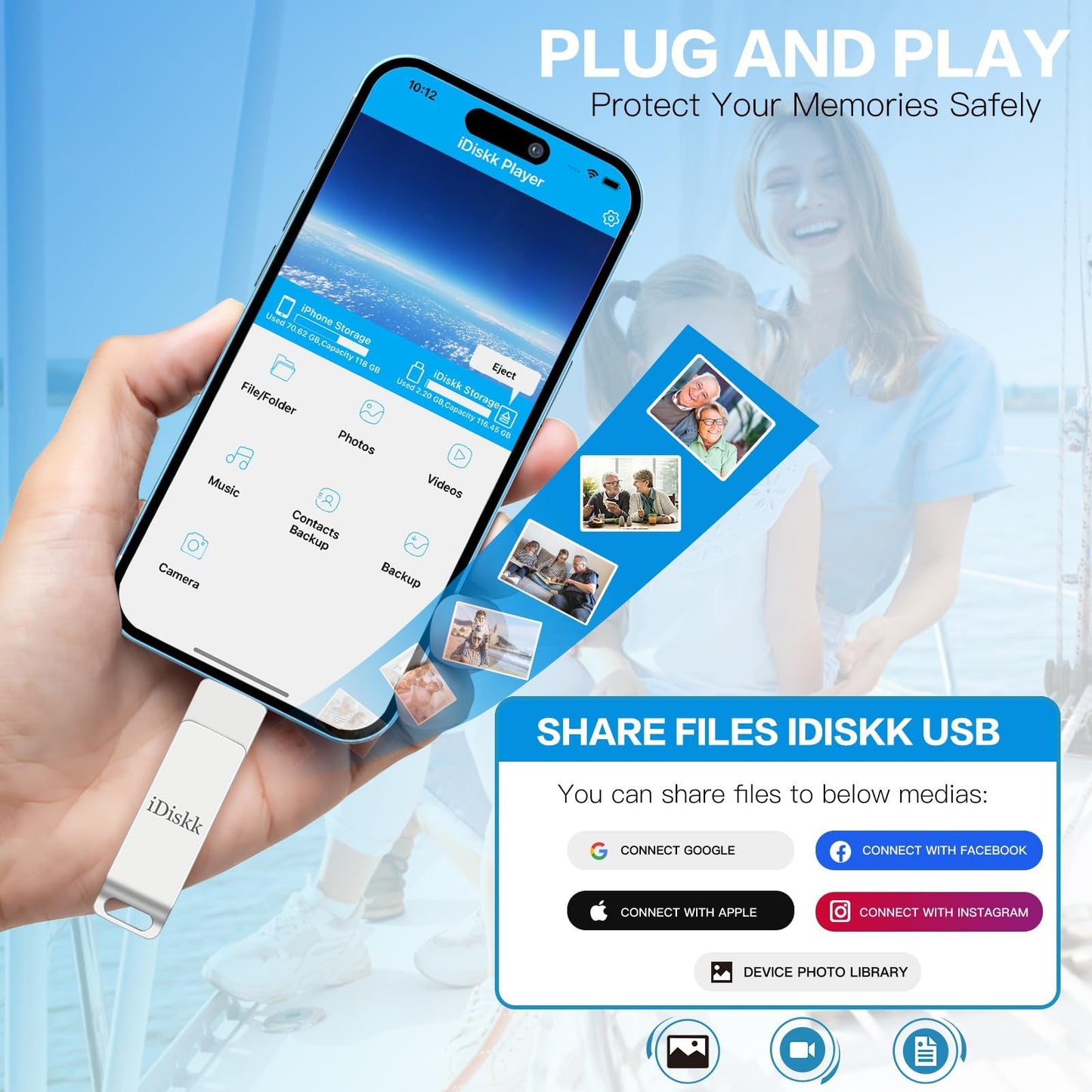 【Apple-zertifiziert 1 TB】 iDiskk Fotospeicher iPhone-Flash-Laufwerk/Fotostick für iPhone (14/13/12/11 Pro/Plus/Pro Max, 13/12 Mini, XR, XS, XS Max, X), Lightning iPad, MacBook/PC Externer USB-Speicher