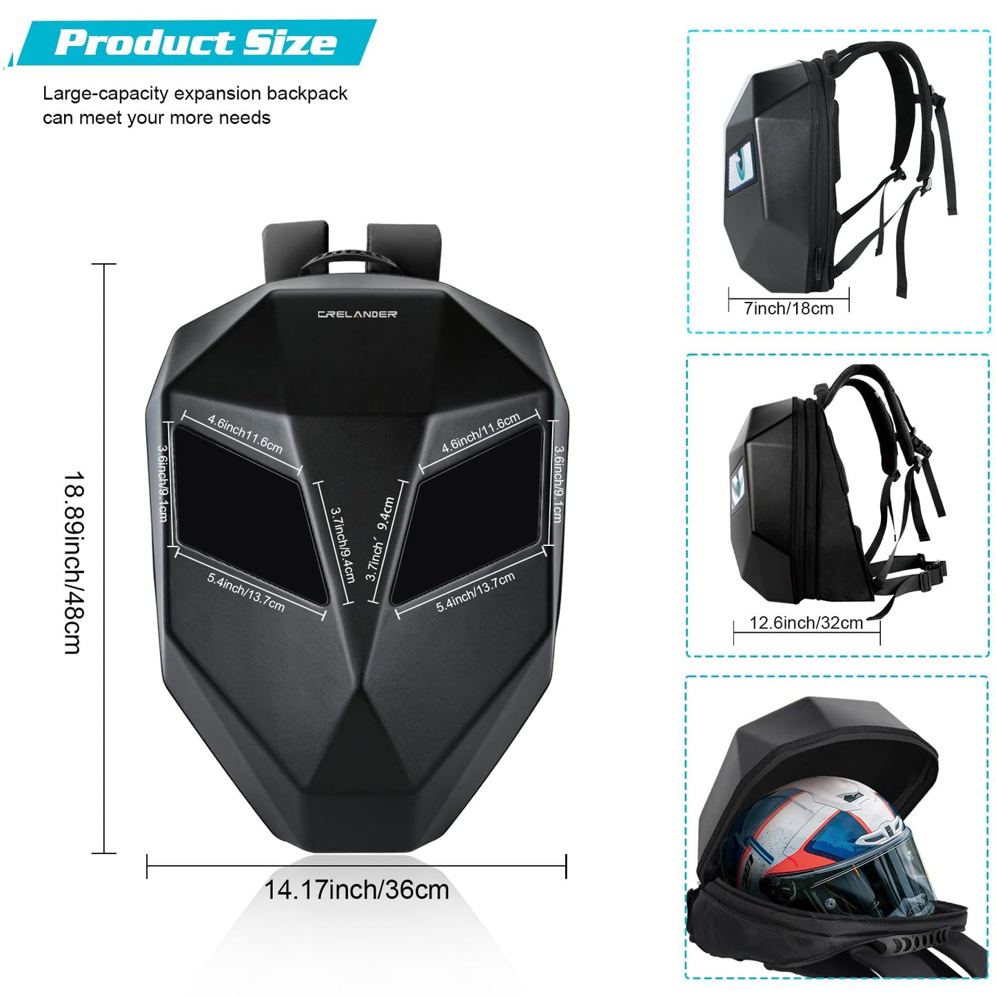 Crelander LED Knight Rucksack, 19-Zoll-Motorradrucksack mit App-Steuerung, programmierbarem Vollfarbdisplay, wasserdicht, großes Fassungsvermögen, Hartschalen-Helmtasche, DIY-Pixel-Art-Animations-Laptop-Tagesrucksack 