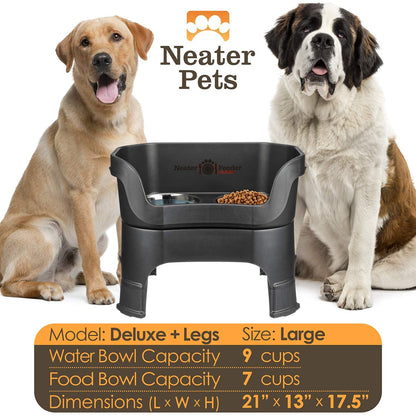 Neater Feeder Deluxe Mess Proof Dog Bowls Elevated for Large Dogs - Made in USA - No Spill Raised Dog Food Bowl Stand w/Leg Extensions - Stainless Steel Dog Food and Water Bowl Set - Black