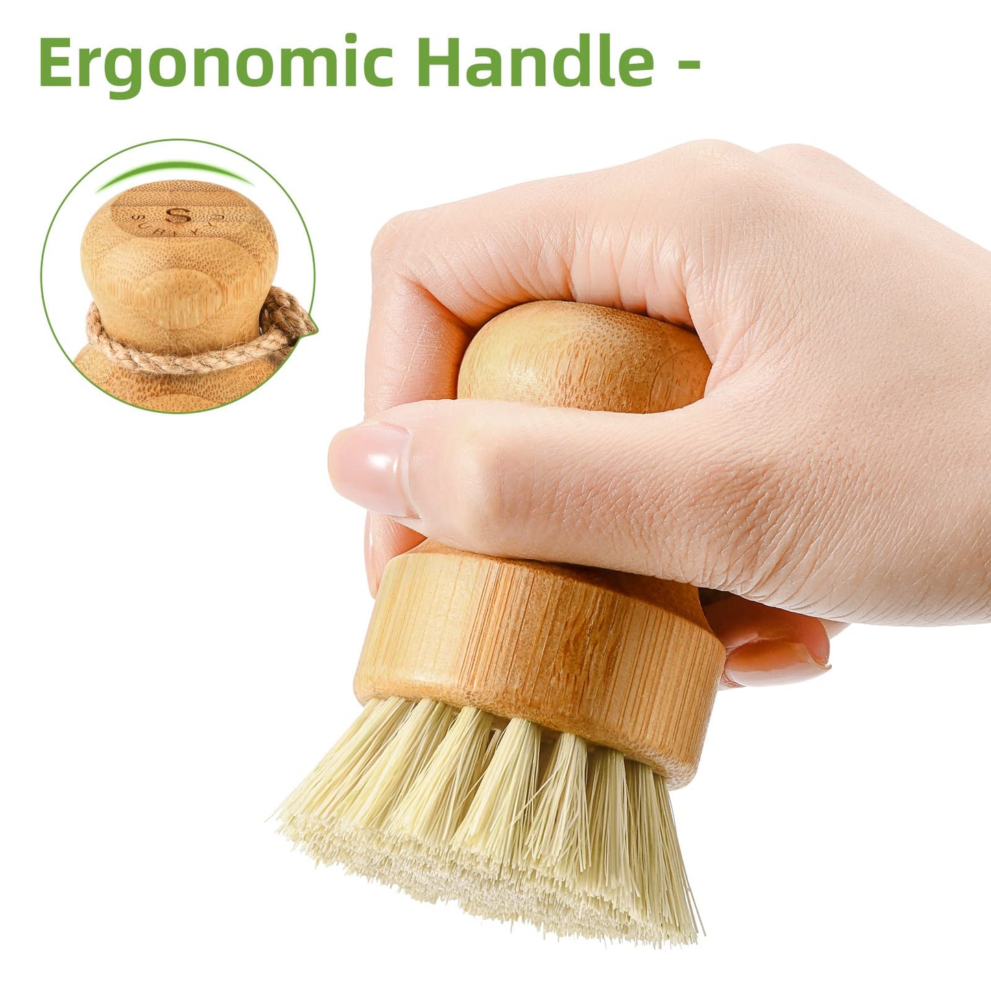 SUBEKYU Bamboo Dish Scrub Brush for Kitchen Sink, Natural Wooden Washing Dish Brush Scrubber with Sisal Bristles for Household Cleaning, Cast Iron Pots, Pans and Vegetables
