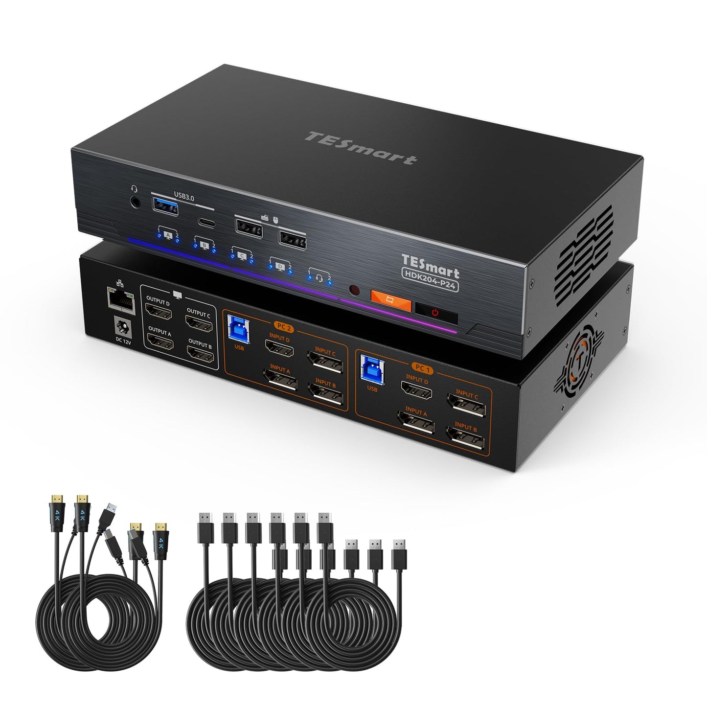 TESmart 4K@60Hz KVM-Switch für 4 Monitore und 2 Computer, USB 3.0, Quad-Monitor-KVM-Dockingstation, DP+HDMI-KVM-Switch mit EDID-Emulatoren, Gigabit-Netzwerk, Hotkey-Schalter, Audio- und Mikrofonanschluss mit allen Eingangskabeln