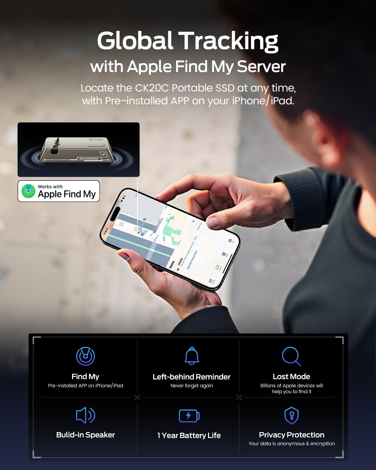 MOVE SPEED 2TB Portable SSD with Apple Find My Tracking & Magnetic Suction - 2060MB/s Read, iPhone 15/16/17/PC Compatible, Zinc Alloy Ultra-Light Design