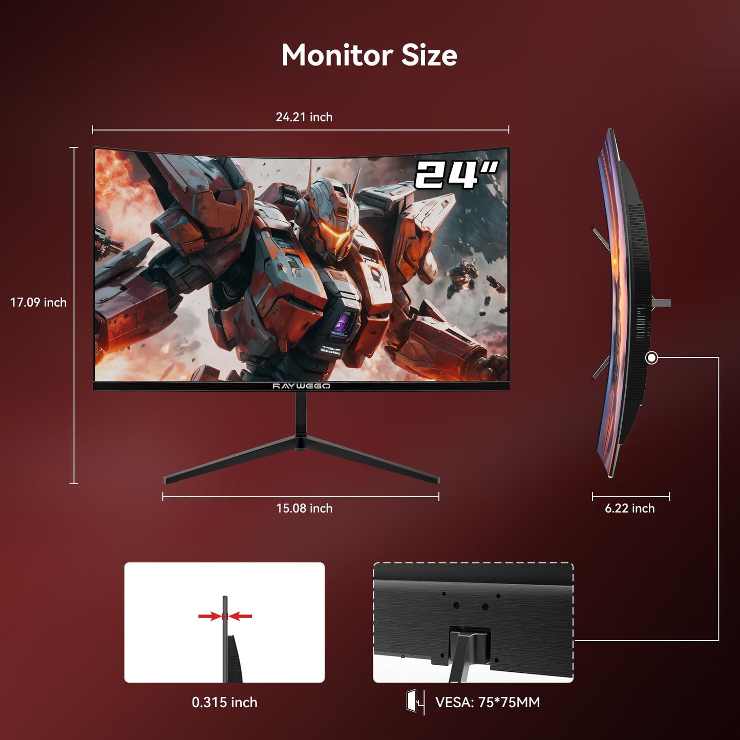 Raywego 24 inch Curved Monitor 100Hz 1ms, Computer Gaming Monitor FHD 1920×1080P,3000:1 Contrast Ratio, with FreeSync & Eye-Care Technology, HDMI×1,VGA×1 for Gaming Home Office,Wall Mount Install
