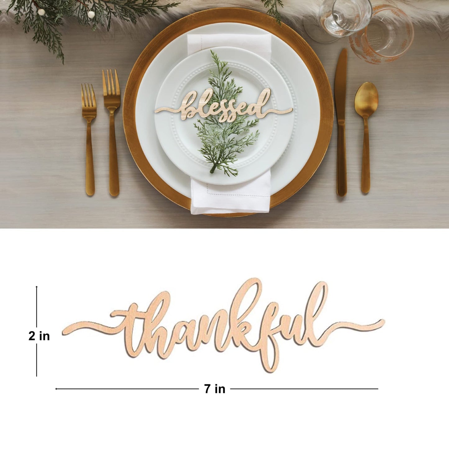 Thanksgiving Place Cards Blessed, Thankful, Grateful Wood Signs Fall Dining Table Plate Ornament Farmhouse Home Table Setting Decor 6 Pack (Thankful)
