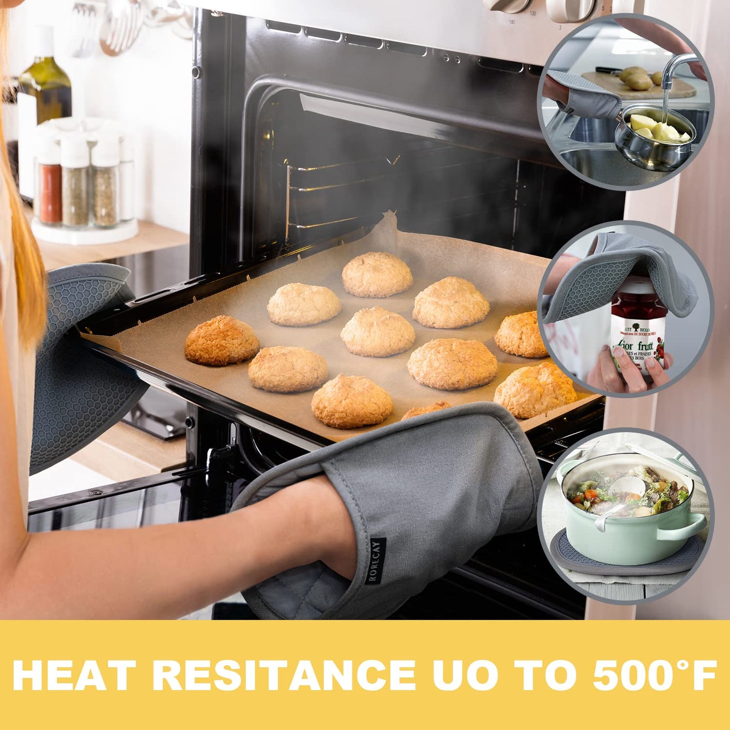 2er-Pack Silikon-Topflappen für die Küche, hitzebeständig bis 260 °C, rutschfeste, große Topflappen mit Tasche, gesteppte Untersetzer für heiße Töpfe und Pfannen auf der Arbeitsplatte (Grau) 