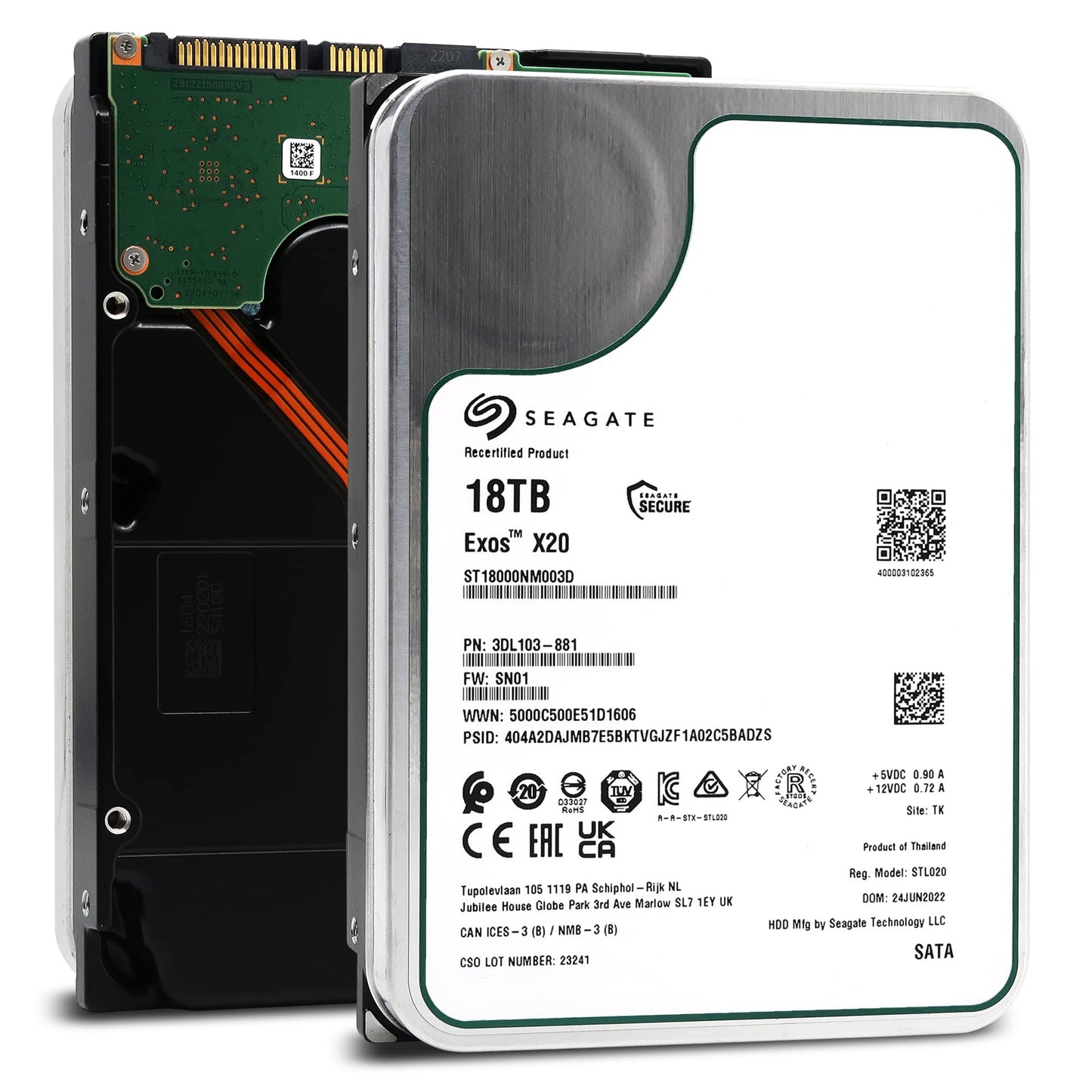 Seagate Exos X20 18TB 7200 RPM 512e SATA 6Gb/s 3.5" Enterprise Hard Drive - ST18000NM003D (Renewed)
