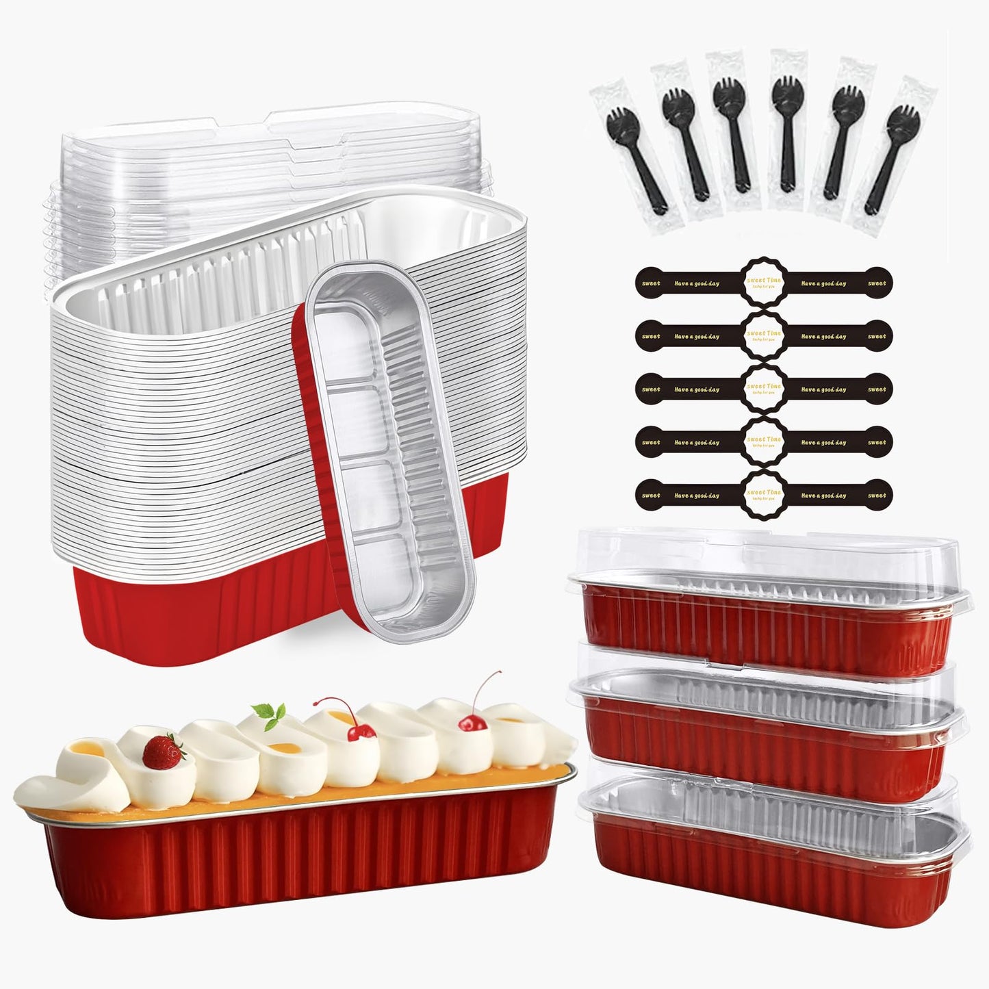 OBXMLFY Mini Cake Pans With Lids And Spoons 50 Pack,6.8 oz Rectangle Mini Loaf Pans Disposable Aluminum Foil Baking Cups Muffin Tins - Pink (50, red)