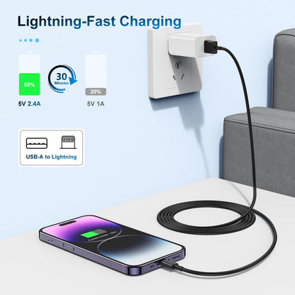 3 Pack Apple MFi Certified Charger Cable 6ft, Lightning to USB Cable Cord 6 Foot, 2.4A Fast Charging,Apple Phone Long Chargers for iPhone 13/12/11/11Pro/11Max/ X/XS/XR/XS Max/8/7/6