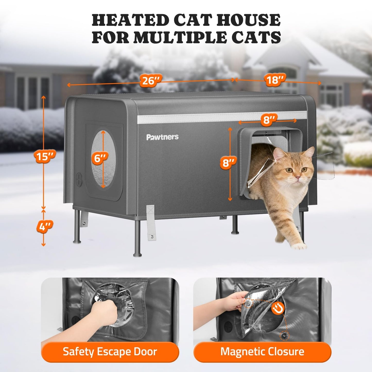 Pawtners Heated Outdoor Cat House for Outside Cats, 26'' XL Insulated Weatherproof Cat Shelter with Heated Pad, Elevated Feet & Escape Door, Warm Kitty House for Feral or Stray Cats in Winter