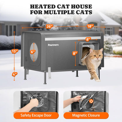 Pawtners Heated Outdoor Cat House for Outside Cats, 26'' XL Insulated Weatherproof Cat Shelter with Heated Pad, Elevated Feet & Escape Door, Warm Kitty House for Feral or Stray Cats in Winter