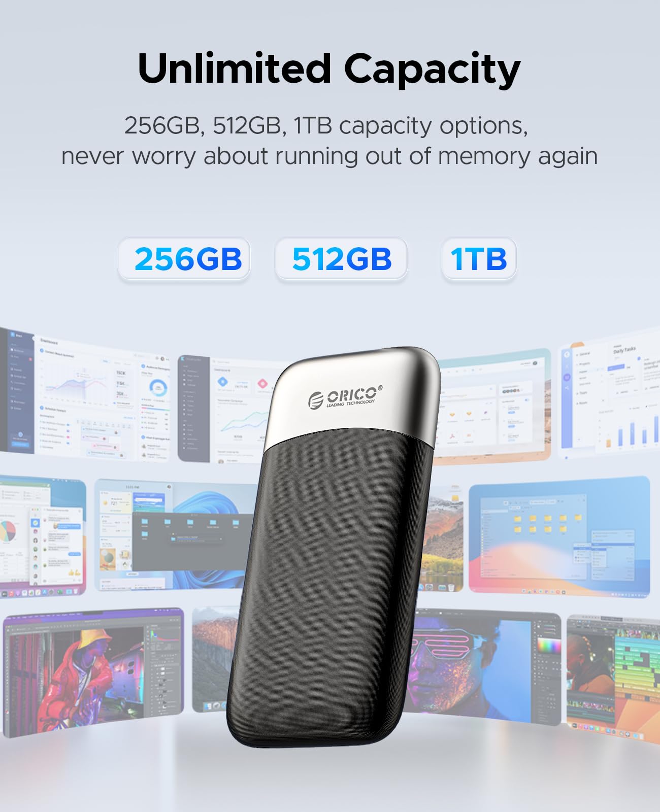 ORICO 1TB Portable SSD, Up to 1050MB/s, Compact with 2 in 1 USB C & A Cable, External Solid State Drives, Reliable Storage for USB C Smartphone, Tablet, PC - M10PRO