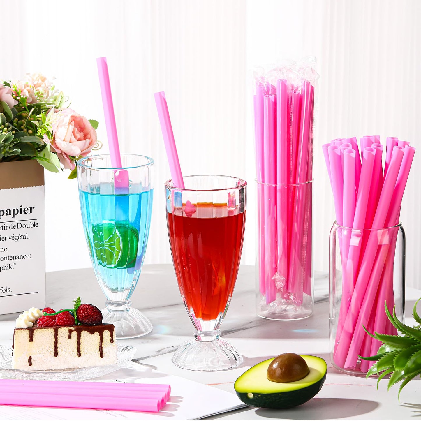 Potchen 600 Stück Jumbo Smoothie-Strohhalme, Großpackung, rosa, Einweg-Bubble-Strohhalme, einzeln verpackt, Kunststoff, breite Öffnung 0,43 x 9,45 Zoll, für Bubble Tea und Milchshakes