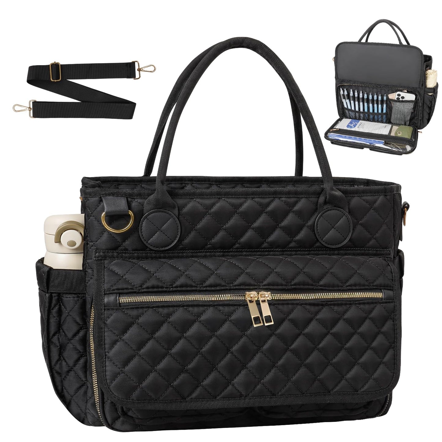 Teacher Tote Bag 15.6 Inch, Large Work Tote Bag With Laptop Compartments, Quilted Women Messenger Bag With Shoulder Strap for Office/Travel/School/Nursing Supplies Organizer,Black