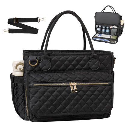 Teacher Tote Bag 15.6 Inch, Large Work Tote Bag With Laptop Compartments, Quilted Women Messenger Bag With Shoulder Strap for Office/Travel/School/Nursing Supplies Organizer,Black
