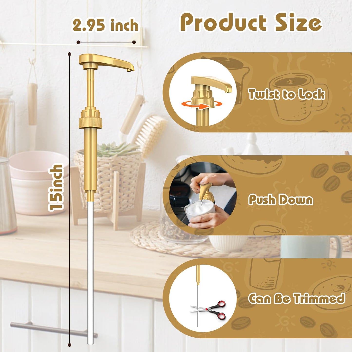 Neosoge Coffee Syrup Pump Dispenser, 4 Packs of Syrup Pump for 750ml/25.4 oz Syrup Bottle, Gold Pumps for Coffee Syrup Bottle, works with Torani, DaVinci, Jordans Skinny 750ml Syrups Bottles (Gold)