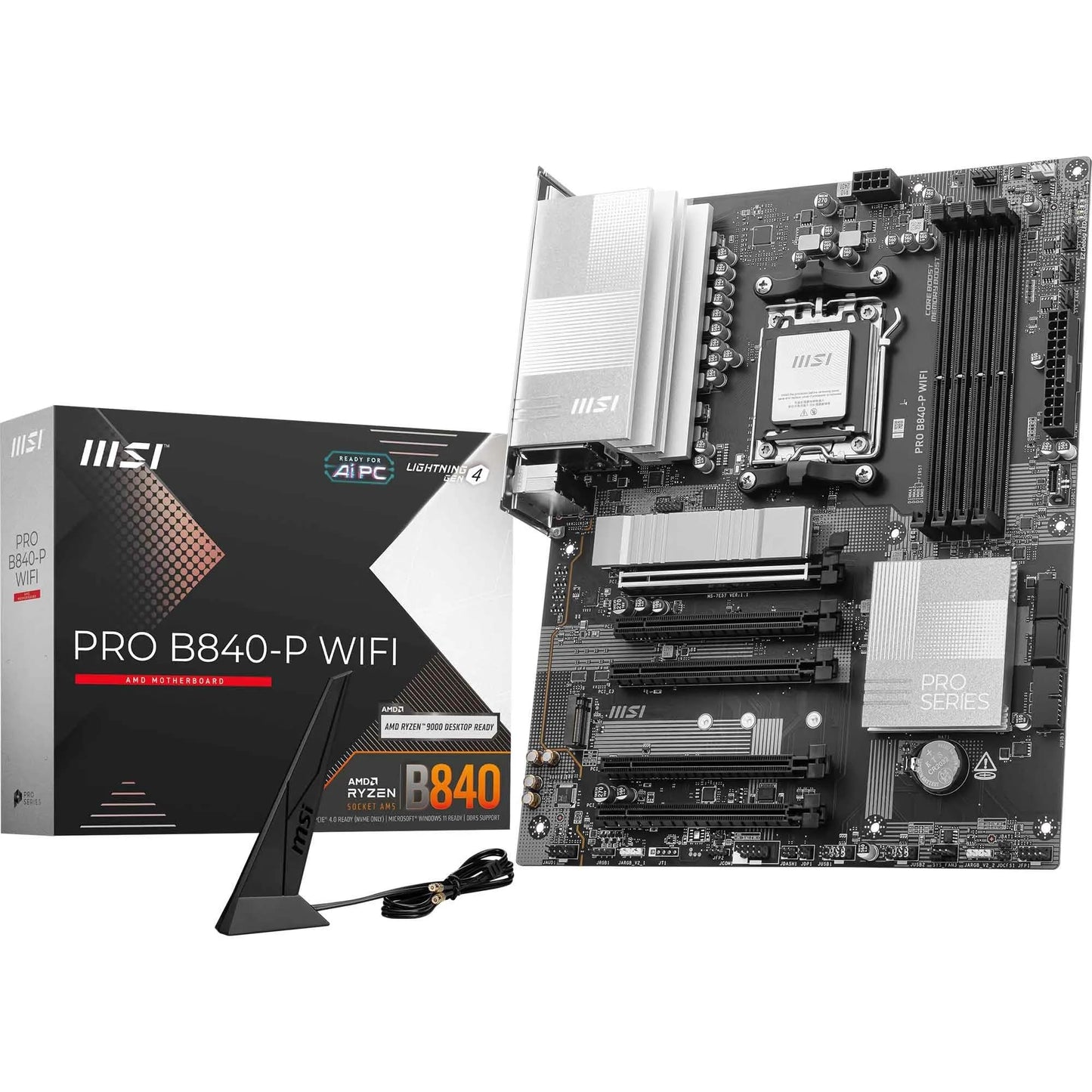 MSI PRO B840-P WiFi Motherboard, ATX - Supports AMD Ryzen 9000/8000 / 7000 Processors, AM5 - DDR5 Memory Boost (8000+ MT/s OC), PCIe 4.0 x16, M.2 Gen4, Wi-Fi 7, 2.5G LAN
