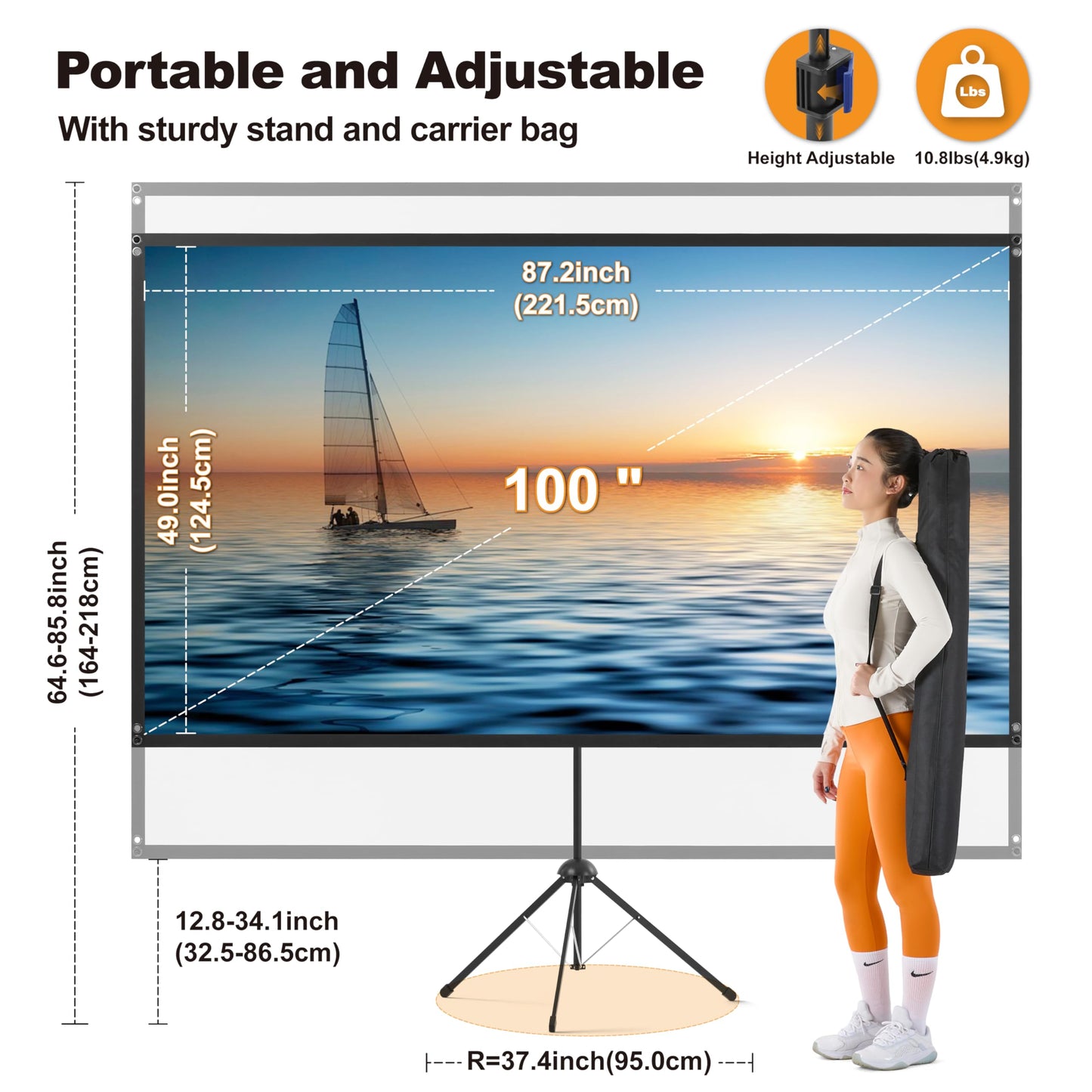 Outdoor Projector Screen 100 Inch, 16:9, High Gain, Projector Screen with Stand, Wind-resistant Design for Portable Projection Screen Outdoor, With Ropes and Spikes, 4K Image for Home Theater, Camping
