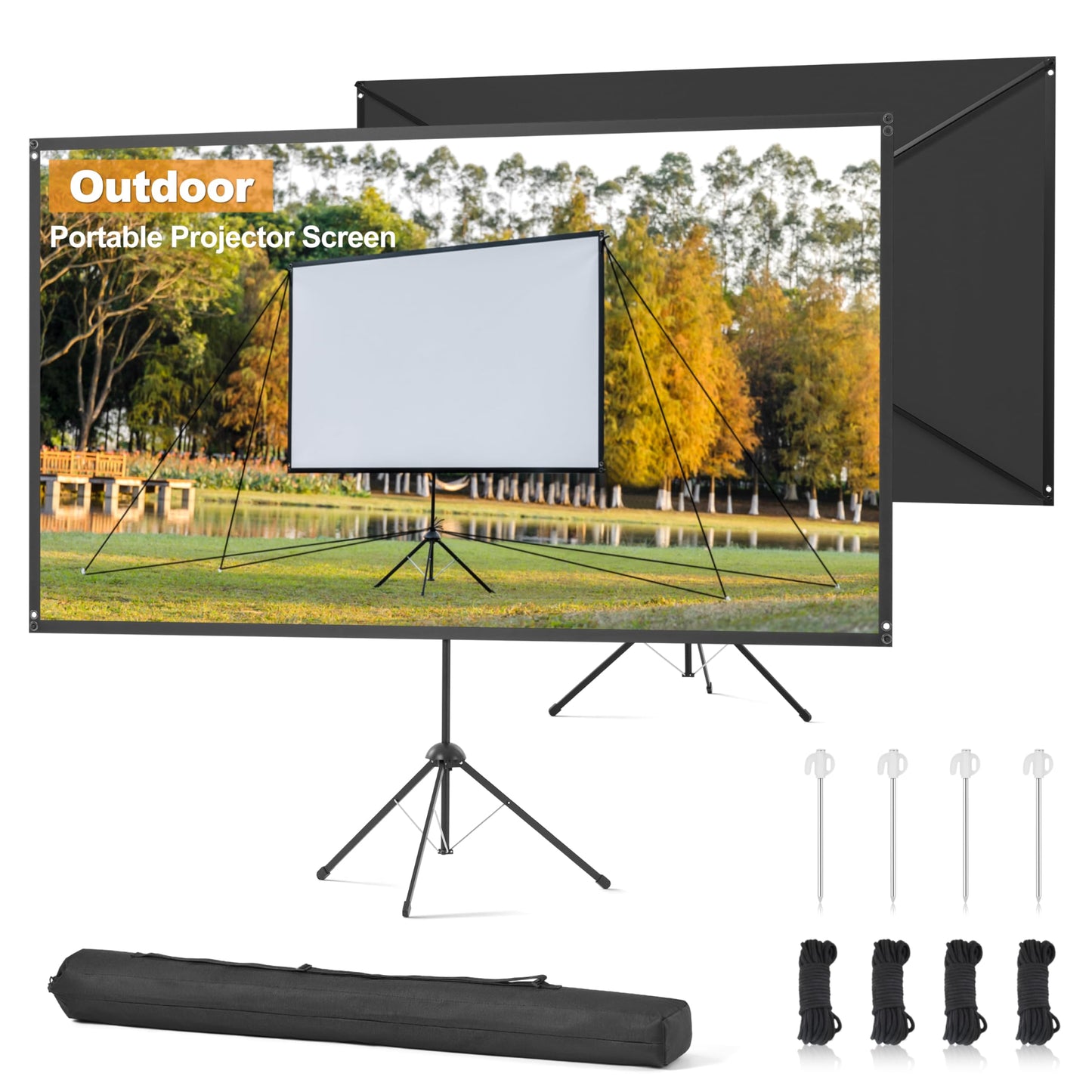 Outdoor Projector Screen 100 Inch, 16:9, High Gain, Projector Screen with Stand, Wind-resistant Design for Portable Projection Screen Outdoor, With Ropes and Spikes, 4K Image for Home Theater, Camping