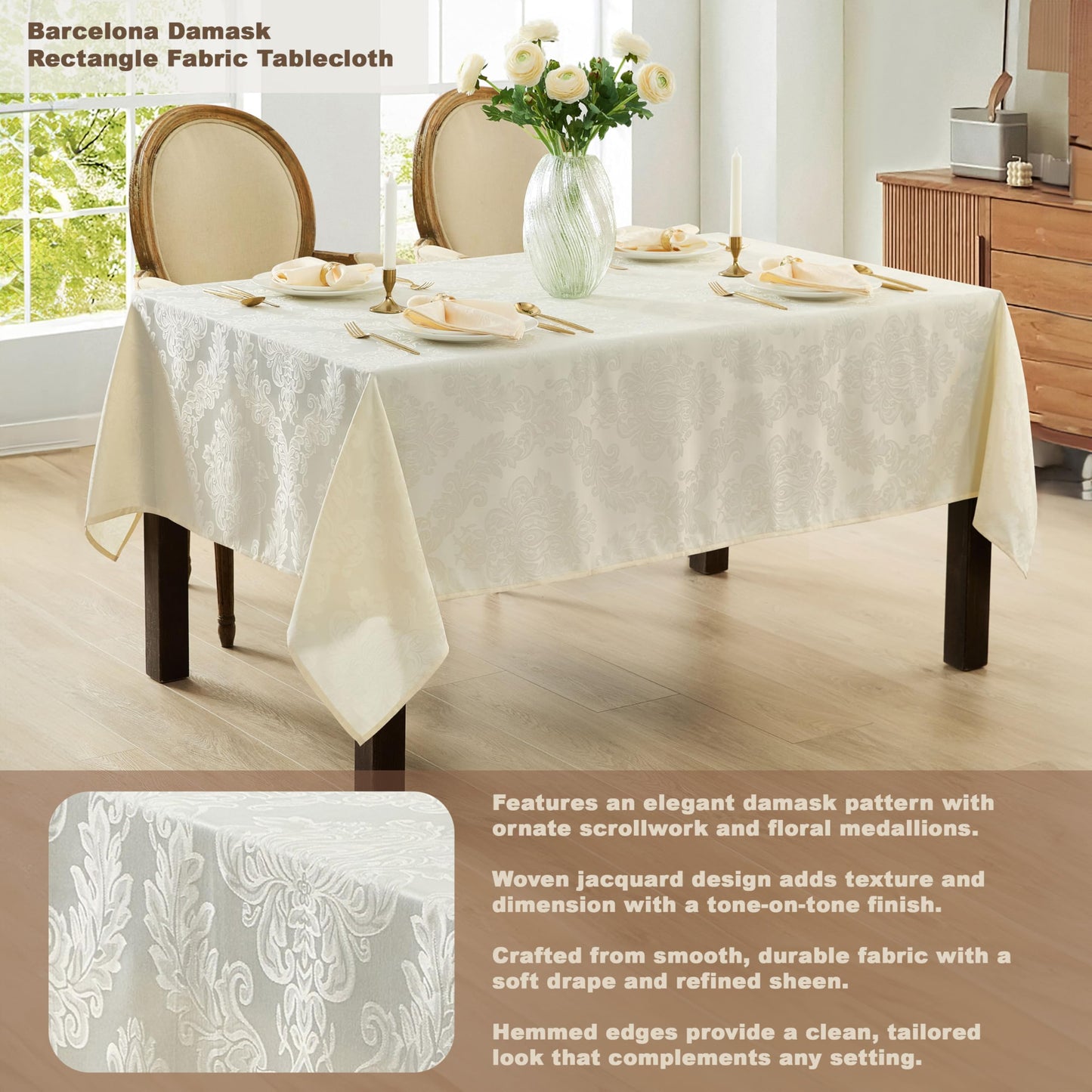 Newbridge Barcelona Luxury Damask Fabric Napkins, Set of 4 Square Napkins, Antique White, 100% Polyester, No Iron, Soil Resistant Dining Room, Party and Banquet Napkins