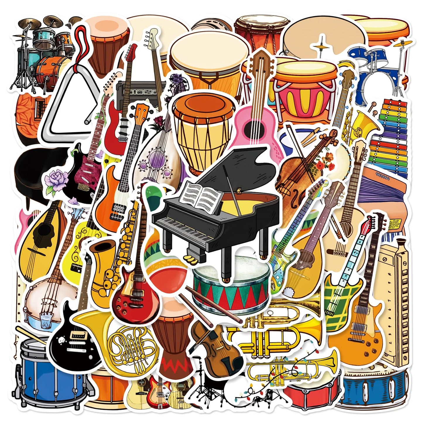Musical Instrument Stickers - 50 Pcs Music Stickers Motivational Vinyl Waterproof Stickers Cartoon Lovely PVC Kawaii Decals Funny Vinyl Decoration DIY Decor for Teens Music Fans
