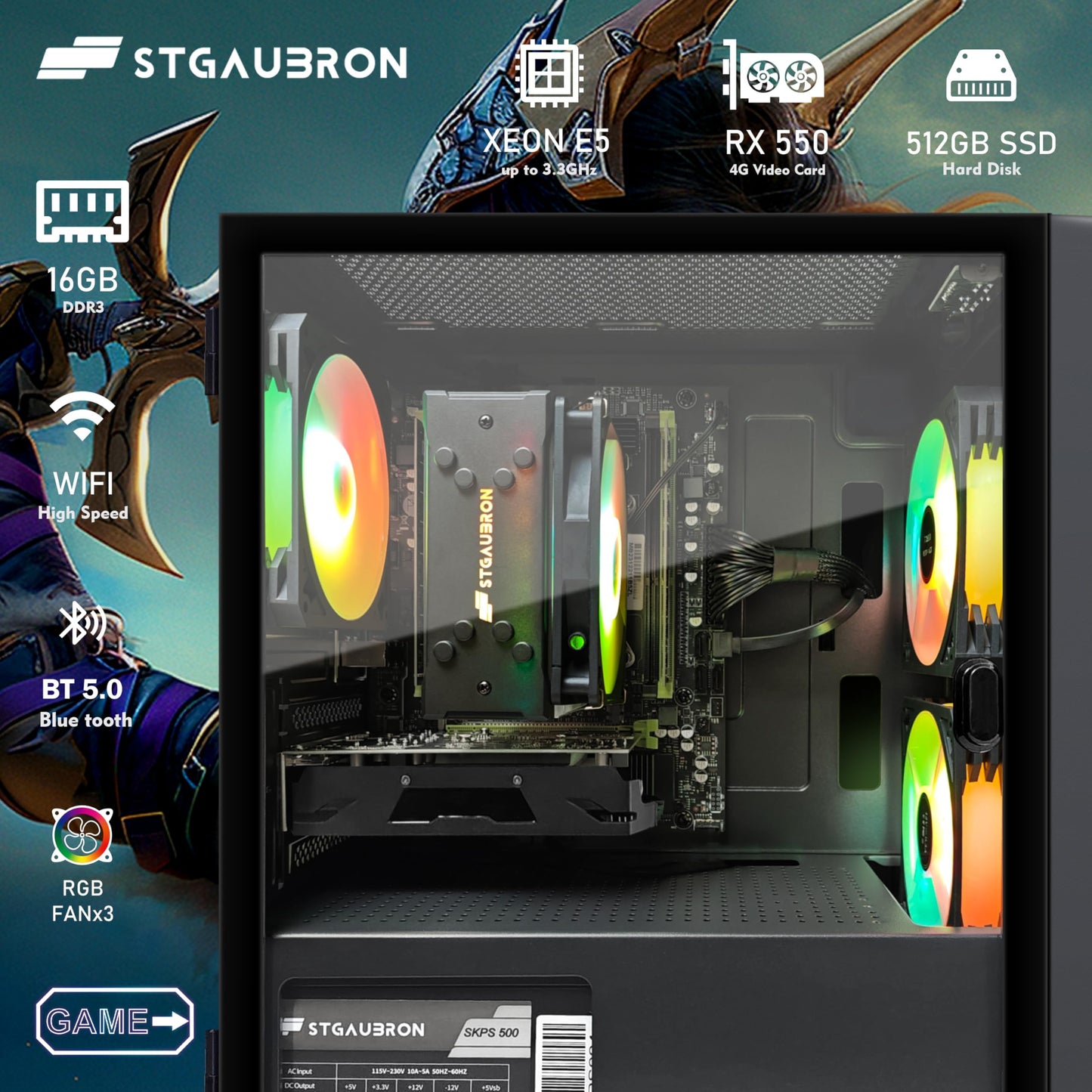 STGAubron Gaming-PC, Intel i7 Xeon E5, Radeon RX 550 4G, 16 GB RAM, 512 GB SSD, WLAN, Bluetooth 5.0, 3 RGB-Lüfter, Windows 11 Home, Gaming-Tower für Gamer und Streaming